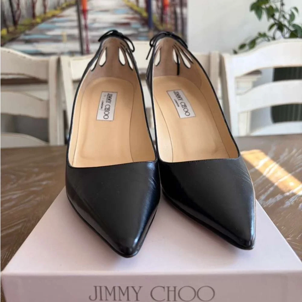 Jimmy Choo Pump Heels Black Leather Pointed Toe Cut Out Bow US 8.5